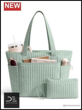 Quilted Cotton Tote Bag for Women, Lightweight Laptop Zip Travel Handbag with